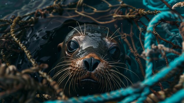 Uma foca curiosa emerge em meio a redes de pesca emaranhadas no oceano.