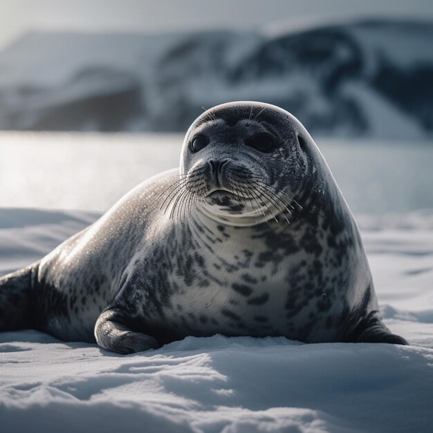 Uma foca deitada na neve com montanhas ao fundo.