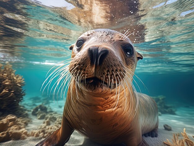 uma foca está nadando na água com a foca no fundo