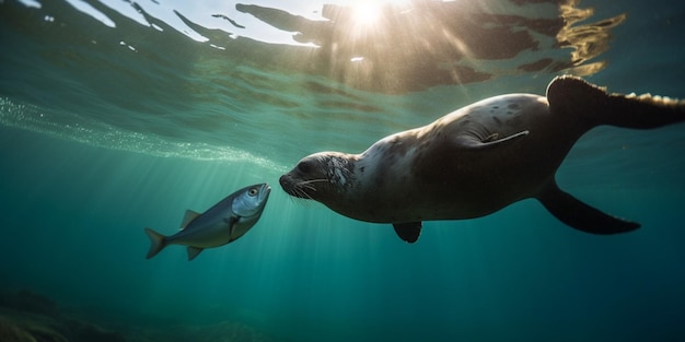 Uma foca nada sob um peixe no oceano.