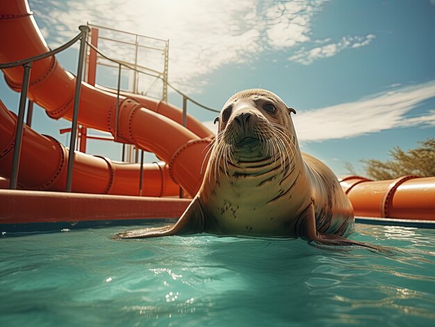 Foto uma foca nadando em uma piscina com um slide vermelho no fundo