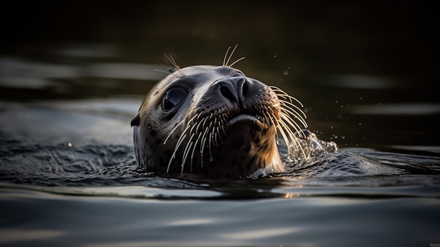 Uma foca nadando na água com a cabeça acima da água