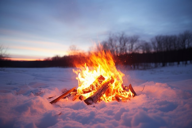 Uma fogueira acesa em um campo coberto de neve