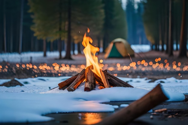 uma fogueira é acesa por uma tenda e uma tenda no fundo.