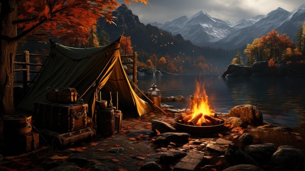 Uma fogueira em frente a um lago com montanhas ao fundo imagem AI