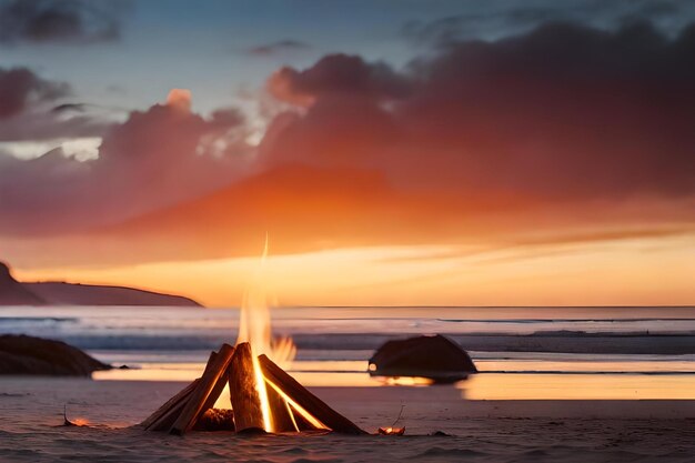 Foto uma fogueira em uma praia ao pôr do sol