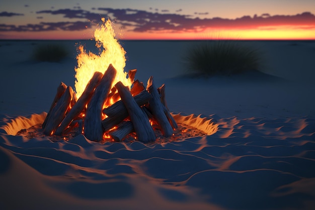 Uma fogueira na areia ao pôr do sol