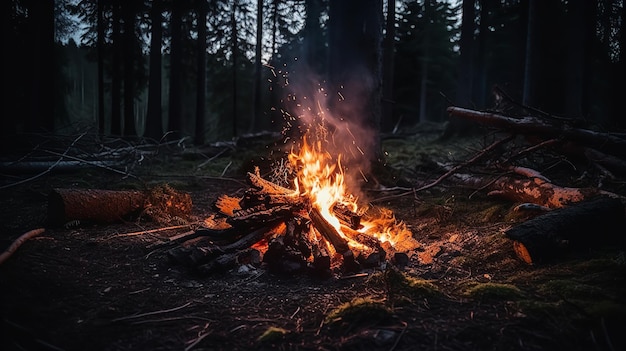 Uma fogueira na floresta à noite