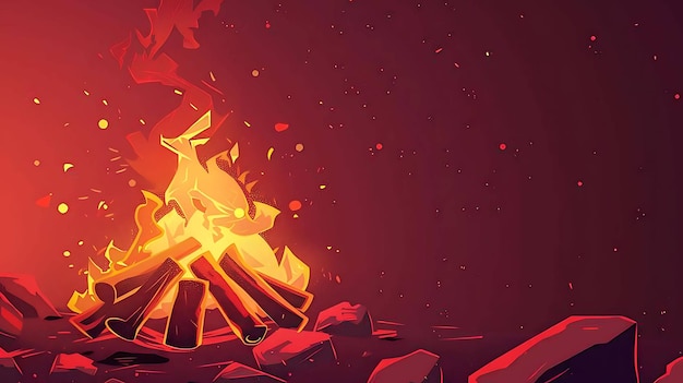 Uma fogueira queima brilhantemente contra um fundo vermelho escuro as chamas estão lambendo os troncos e as brasas estão brilhando