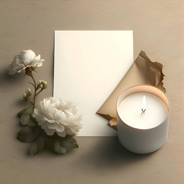 Uma folha branca um pedaço de papel em branco ao lado dela uma vela acesa e uma flor