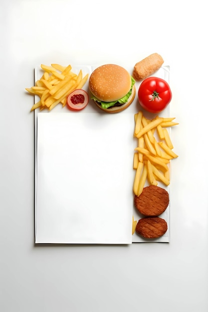 Uma folha branca uma folha de papel em branco em torno de batatas fritas e fast food