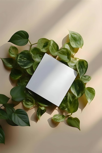 Uma folha branca uma página em branco em uma mesa de madeira em torno das plantas