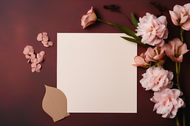 Uma folha branca vazia de papel ao lado de uma flor rosa no estilo de minimal