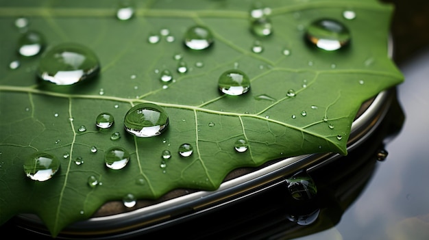 Foto uma folha com gotas de água sobre ela e uma folha verde com gotículas de água