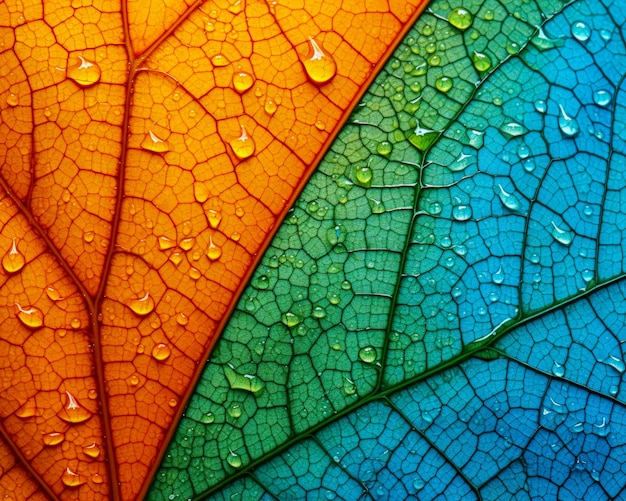 Uma folha com um arco-íris de cores Um tiro macro de uma folha