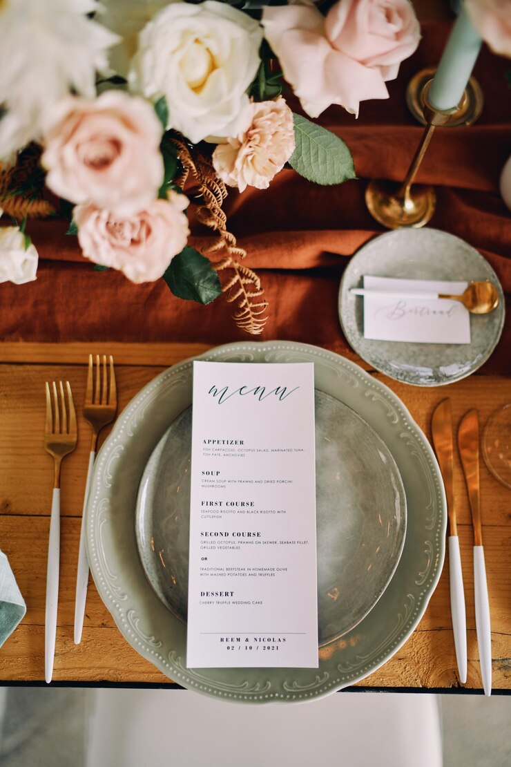 Foto uma folha com um menu festivo está em um prato ao lado de um buquê de flores na mesa