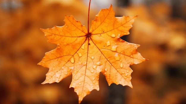 Uma folha de bordo de outono brilhante em close-up em ricos tons dourados