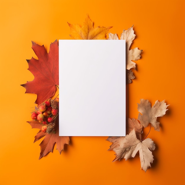 Uma folha de papel branca é cercada por folhas de outono.