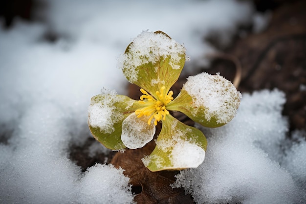 Uma folha de trevo parcialmente coberta pela neve derretida, simbolizando a chegada da primavera