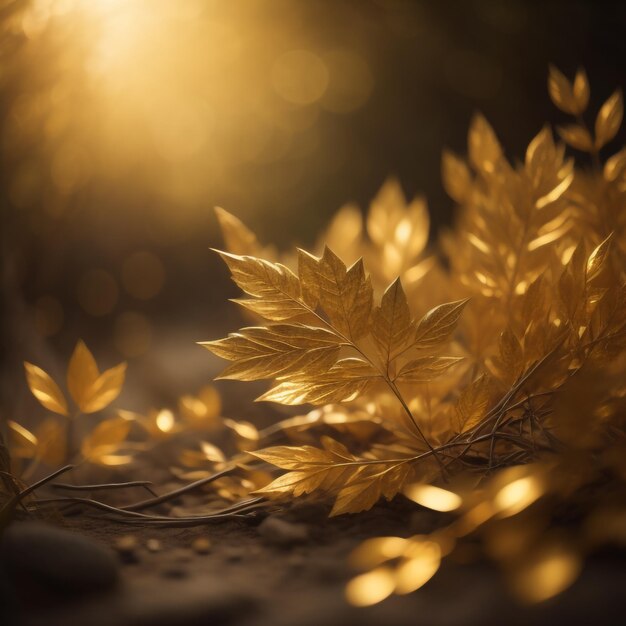 Foto uma folha dourada à luz do sol com as folhas douradas do outono.