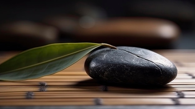 Uma folha em uma vara de bambu é colocada em uma esteira de bambu.