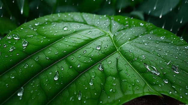 Uma folha verde com a chuva cai sobre ela