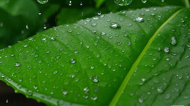 Uma folha verde com a chuva cai sobre ela