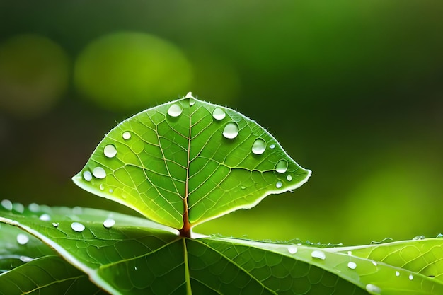 Uma folha verde com água cai sobre ela