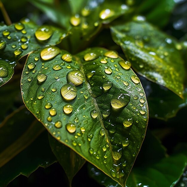 Uma folha verde com gotas de água é coberta com gotas de água.