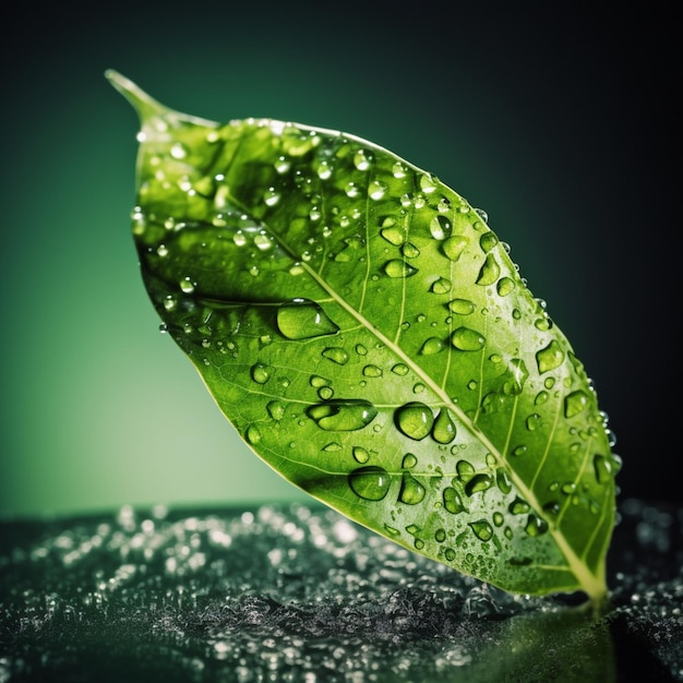 Uma folha verde com gotas de água está coberta de água.