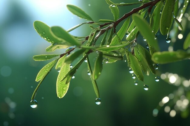 Uma folha verde com gotas de água nela.