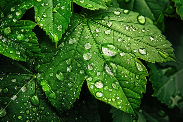 uma folha verde com gotas de água sobre ela