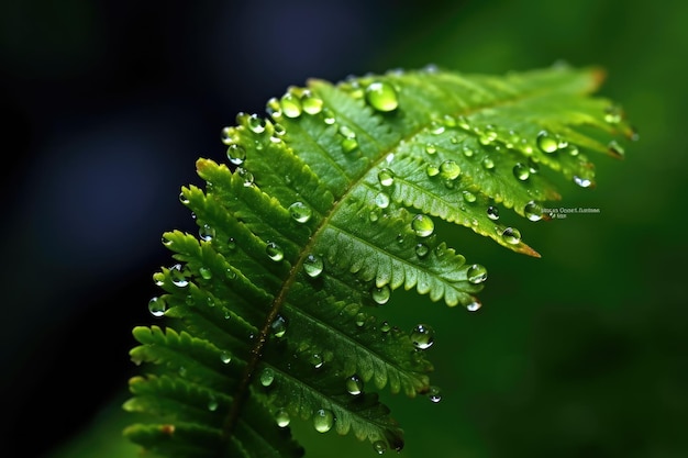 Uma folha verde com gotas de água