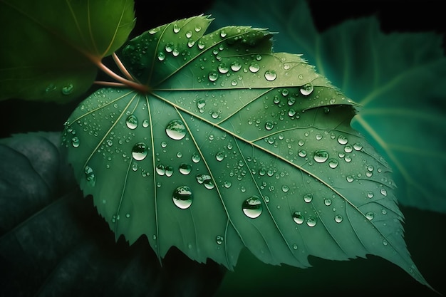 Uma folha verde com gotas de água