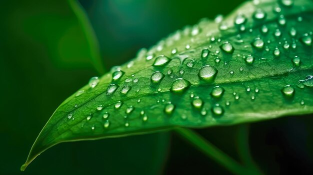 Uma folha verde com gotas de água