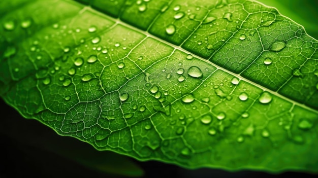 Uma folha verde com gotas de água