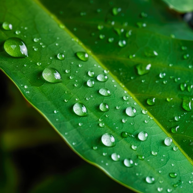 Uma folha verde com gotas de água