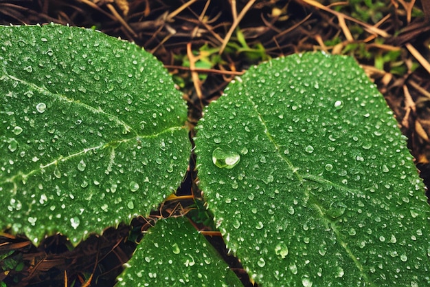 Uma folha verde com gotas de água