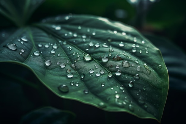 Uma folha verde com gotas de água