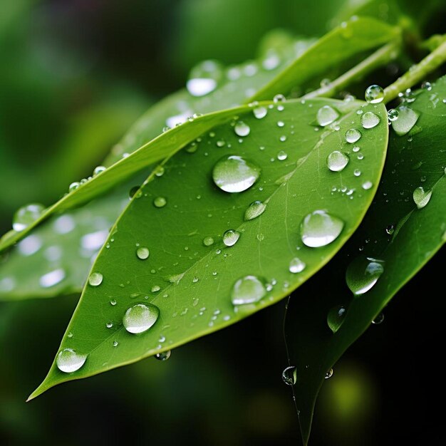 uma folha verde com gotículas de água e algumas gotas de água.