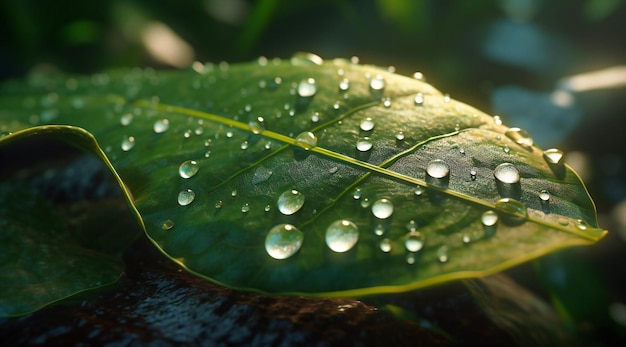 uma folha verde com uma gota de água nela