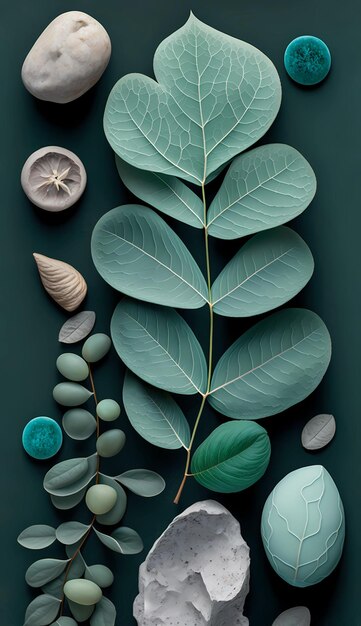 Uma folha verde com uma pedra e pedras no fundo