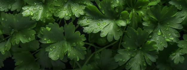 Uma folha verde de salsa é mostrada com gotas de água sobre ela.