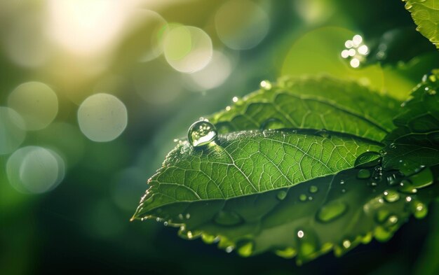 Uma folha verde fresca brilha com gotas de orvalho na suave luz da manhã cada gota refletindo o mundo ao seu redor com perfeição cristalina
