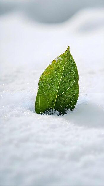 uma folha verde sobre um chão coberto de neve