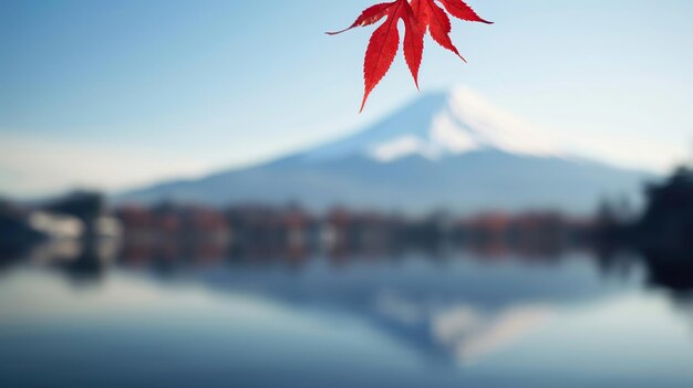 Uma folha vermelha está voando com o belo Monte Fuji visível no fundo desfocado Generative Ai