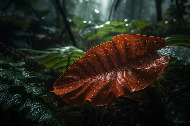 Uma folha vermelha na selva com pingos de chuva