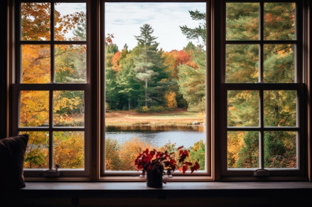 uma folhagem de outono vibrante como visto de uma janela perfeita como um pano de fundo de Ação de Graças
