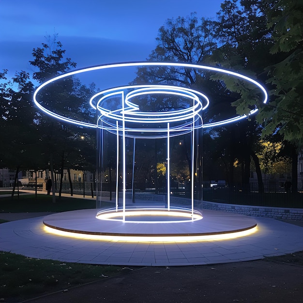 uma fonte de água com uma luz azul no topo