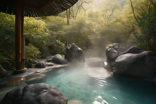 Uma fonte termal em uma floresta com uma piscina de água azul e uma estrutura de bambu.